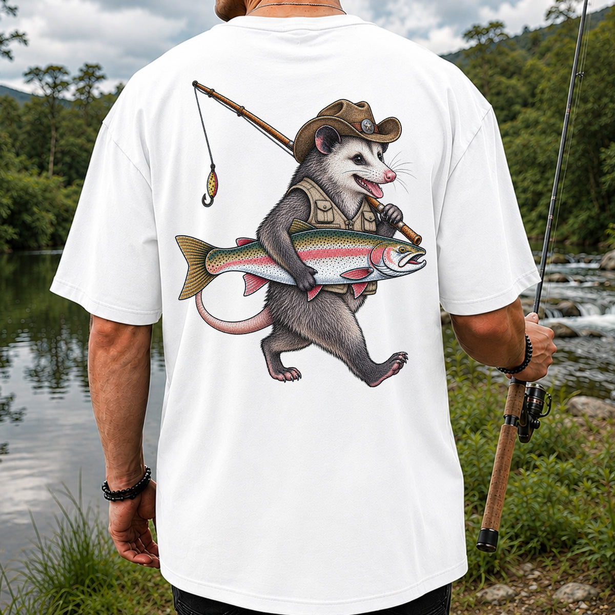 Cowboy Opossum Holding Rainbow Trout Fishing Graphic T-Shirt | Back Print