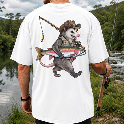 Cowboy Opossum Holding Rainbow Trout Fishing Graphic T-Shirt | Back Print