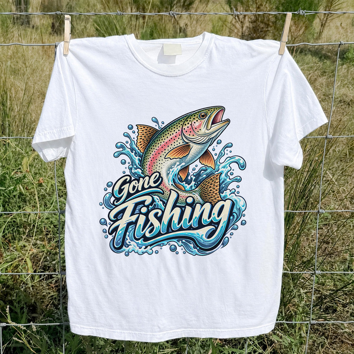 Gone Fishing Jumping Rainbow Trout Splash Graphic T-Shirt