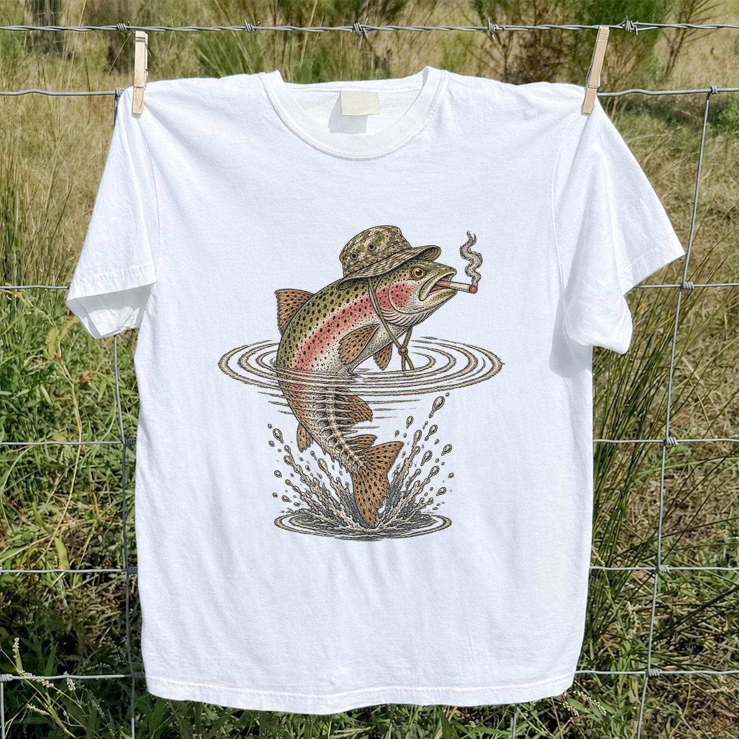 Cigar Smoking Trout in Fishing Hat Graphic T-Shirt