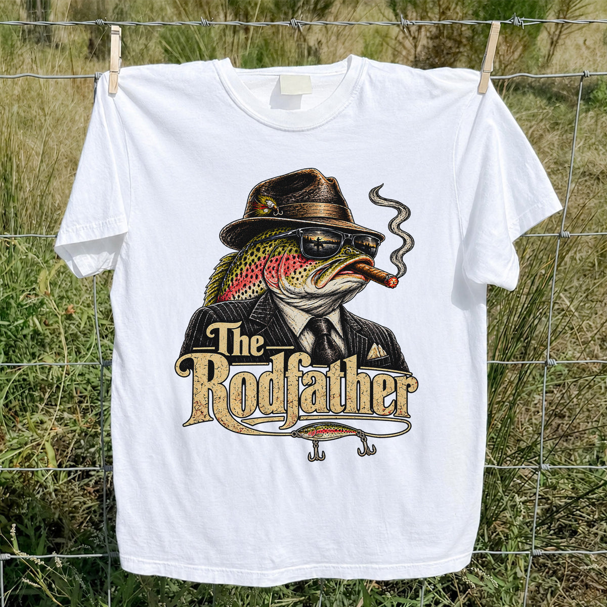 The Rodfather Rainbow Trout Gangster Funny Fishing T-Shirt