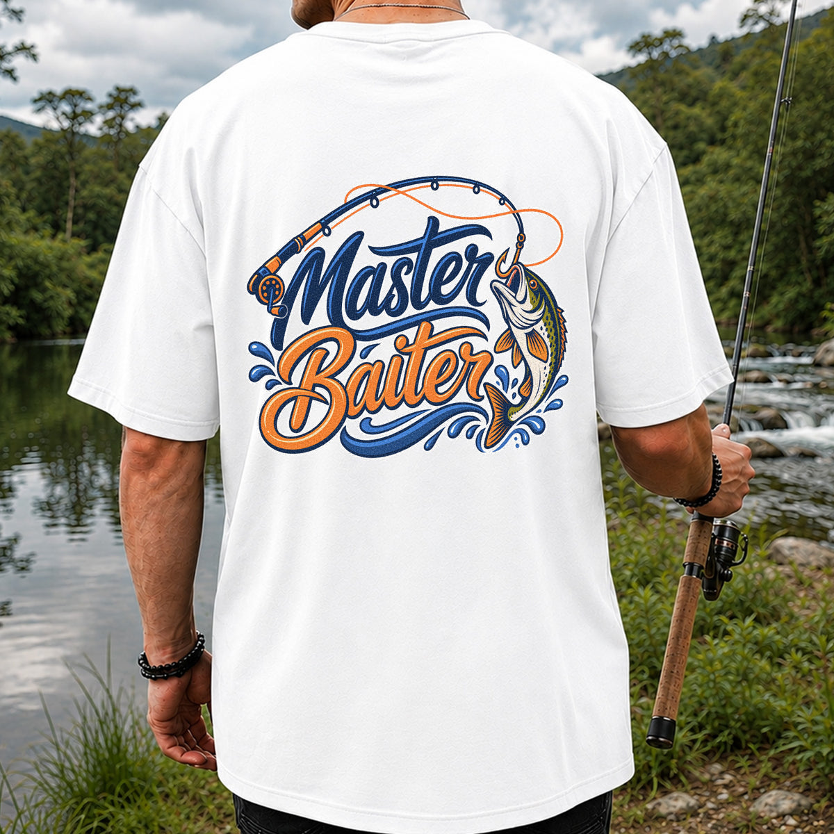 Master Baiter Funny Fishing Rod and Jumping Fish T-Shirt | Back Print