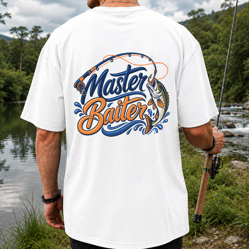 Master Baiter Funny Fishing Rod and Jumping Fish T-Shirt | Back Print