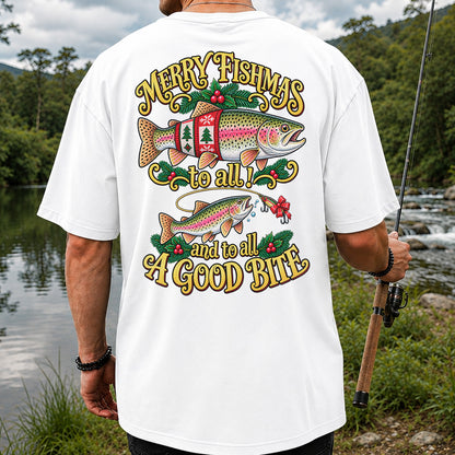 Merry Fishmas to All and to All a Good Bite Rainbow Trout Christmas Fishing T-Shirt | Back Print