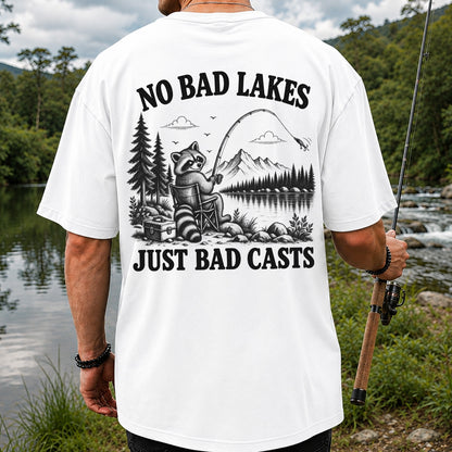 No Bad Lakes Just Bad Casts Raccoon Fishing T-Shirt | Back Print