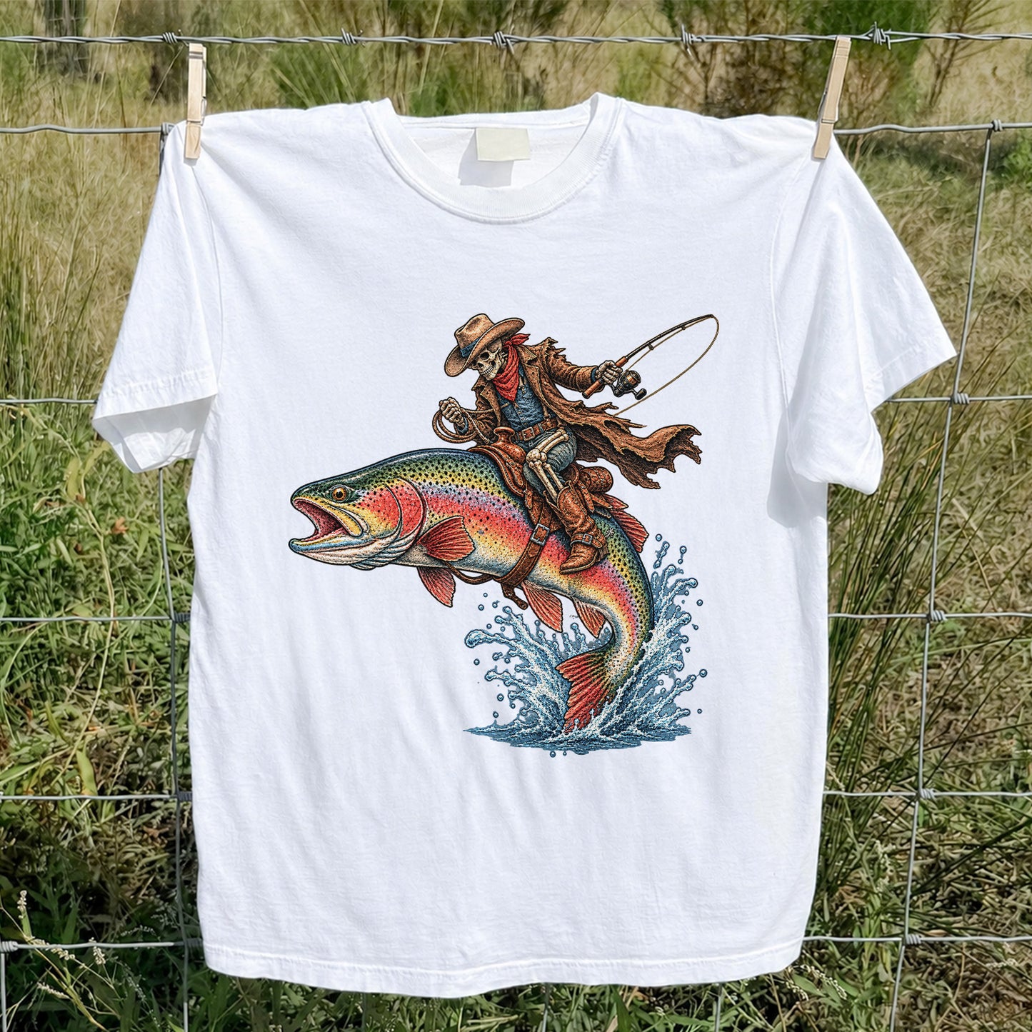 Skeleton Cowboy Riding a Rainbow Trout Fishing Graphic T-Shirt