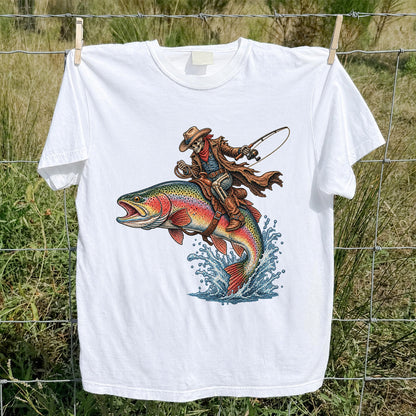 Skeleton Cowboy Riding a Rainbow Trout Fishing Graphic T-Shirt
