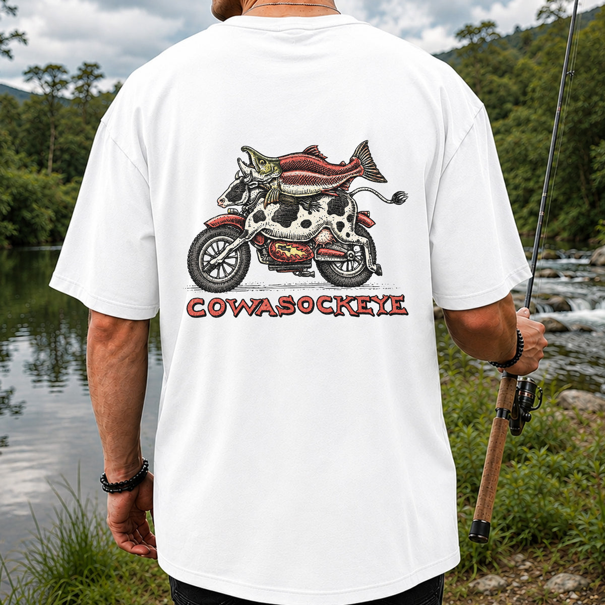 Cowasockeye Trout Motorcycle Funny Fishing Graphic T-Shirt | Back Print