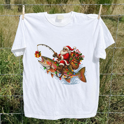 Santa Riding a Rainbow Trout Christmas Fishing Graphic T-Shirt