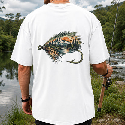 Mountain Lake Fly Fishing Hook Graphic T-Shirt | Back Print