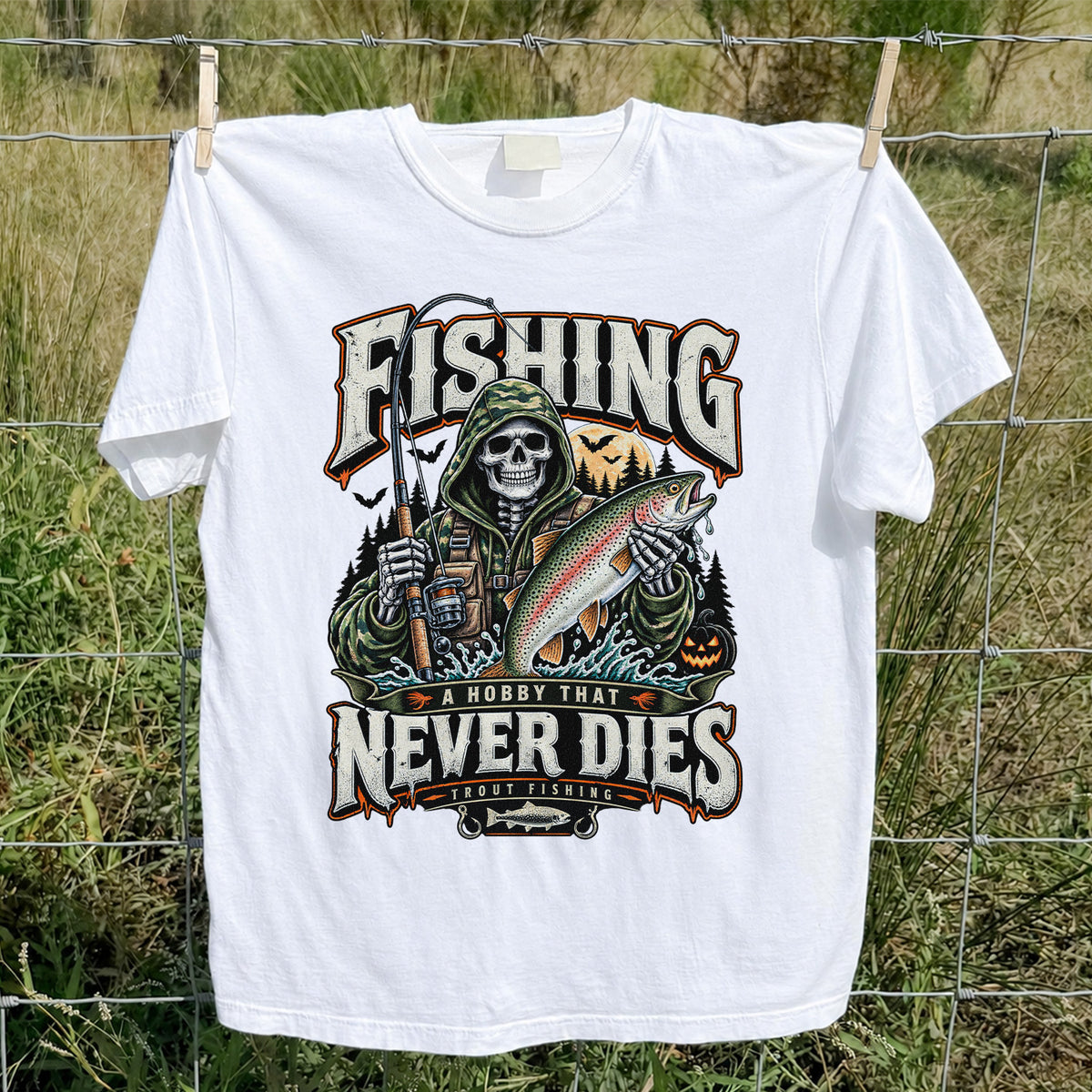 Fishing A Hobby That Never Dies Skeleton Holding Rainbow Trout Halloween T-Shirt