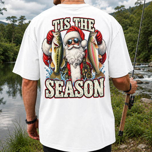 Tis the Season Santa Holding Bass and Rainbow Trout Christmas Fishing T-Shirt | Back Print