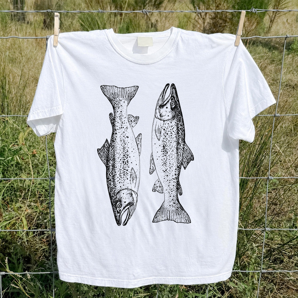 Two Salmon Vintage Line Art Fishing Graphic T-Shirt
