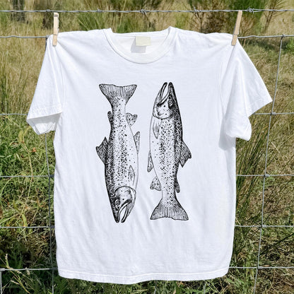 Two Salmon Vintage Line Art Fishing Graphic T-Shirt