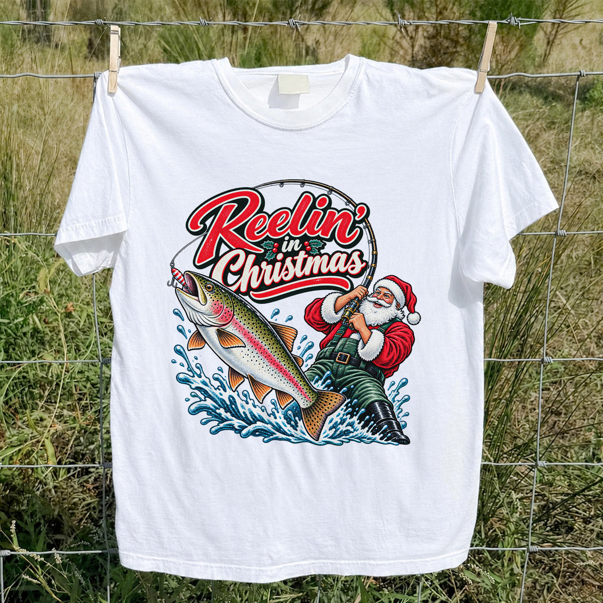 Reelin' in Christmas Santa Rainbow Trout Fishing T-Shirt