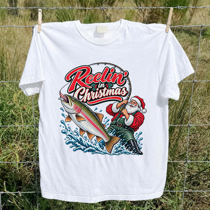 Reelin' in Christmas Santa Rainbow Trout Fishing T-Shirt