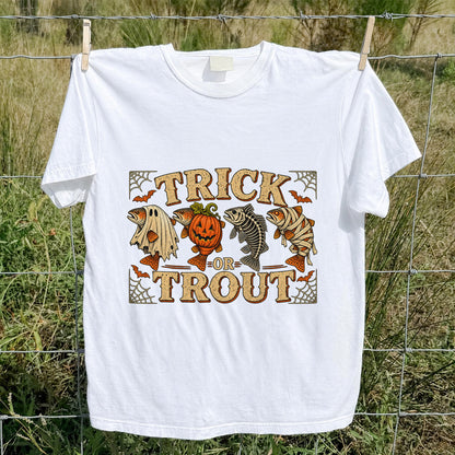 Trick or Trout Halloween Fishing Lineup Graphic T-Shirt