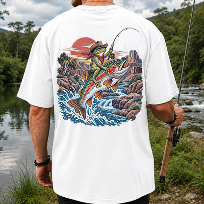 Cowboy Frog Riding a Rainbow Trout Canyon Fishing Graphic T-Shirt | Back Print