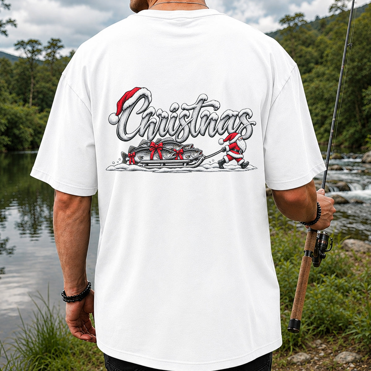Christmas Santa Pulling Trout Fishing Sled Graphic T-Shirt | Back Print