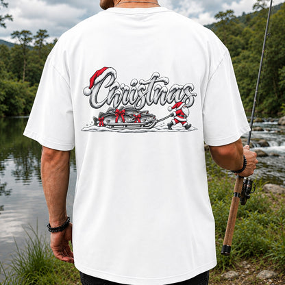 Christmas Santa Pulling Trout Fishing Sled Graphic T-Shirt | Back Print