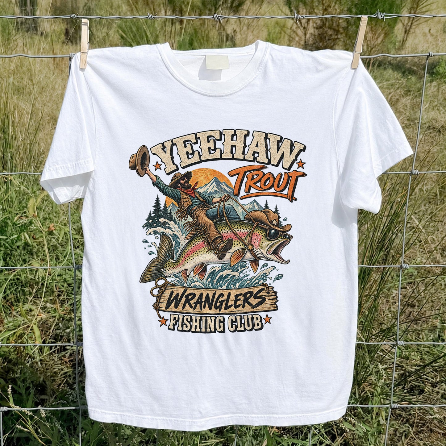 Yeehaw Trout Wranglers Fishing Club Cowboy Graphic T-Shirt