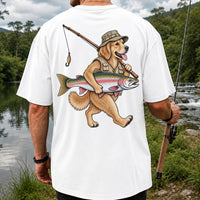 Golden Retriever Holding Rainbow Trout Fishing Graphic T-Shirt | Back Print