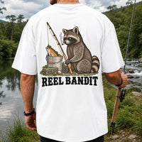 Reel Bandit Smoking Raccoon with Fishing Rod Funny T-Shirt | Back Print