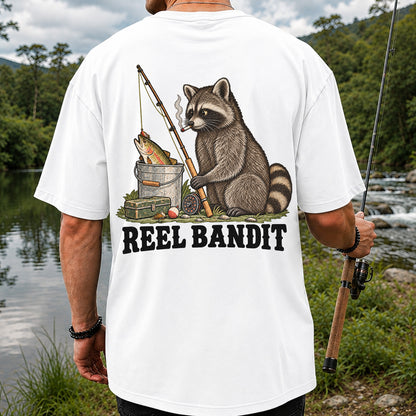 Reel Bandit Smoking Raccoon with Fishing Rod Funny T-Shirt | Back Print