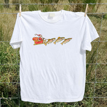 Santa Sleigh Pulling Rainbow Trout Fishing Graphic T-Shirt