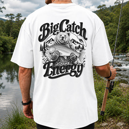 Big Catch Energy Bear Holding Trout Fishing T-Shirt | Back Print