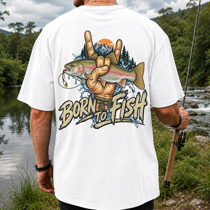 Born to Fish Rainbow Trout Rock Hand Sign Fishing T-Shirt | Back Print