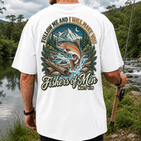 Follow Me and I Will Make You Fishers of Men Matt 4:19 Rainbow Trout Mountain River Fishing T-Shirt | Back Print
