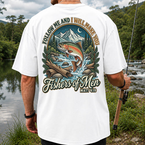 Follow Me and I Will Make You Fishers of Men Matt 4:19 Rainbow Trout Mountain River Fishing T-Shirt | Back Print