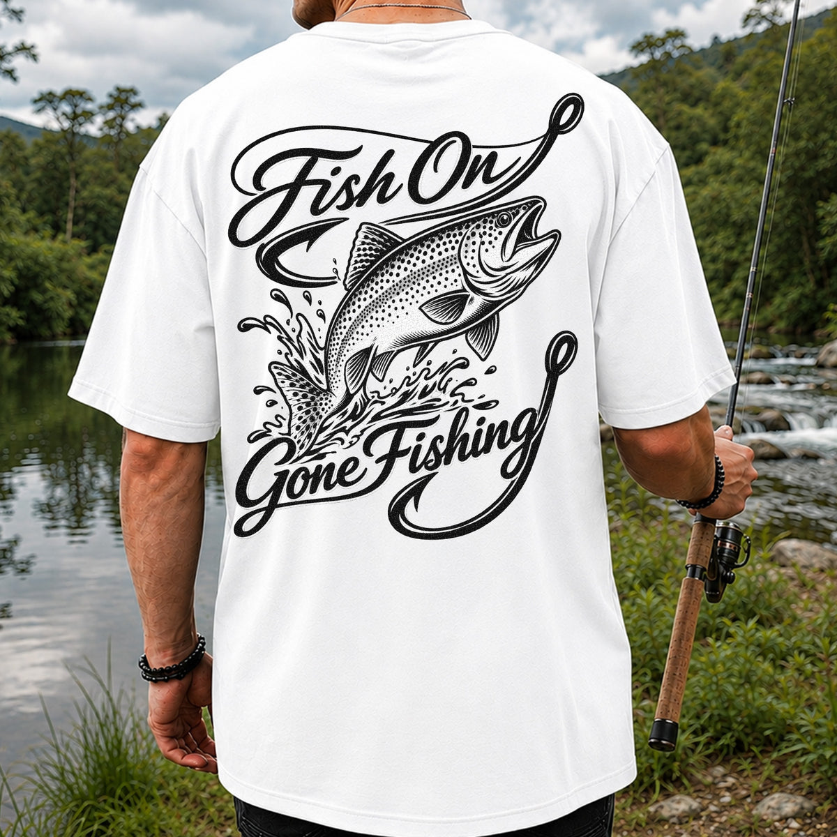 Fish On Gone Fishing Jumping Trout Graphic T-Shirt | Back Print