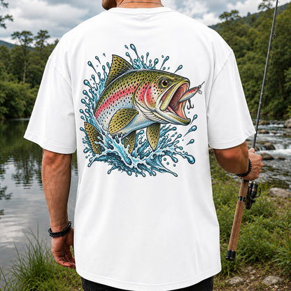Rainbow Trout Striking a Fishing Lure Graphic T-Shirt | Back Print