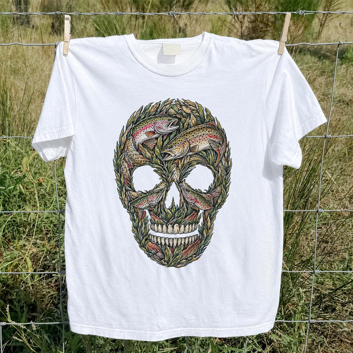 Rainbow and Brown Trout Skull Fishing Graphic T-Shirt