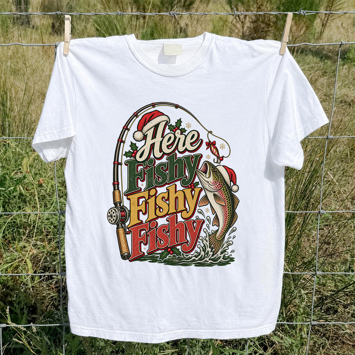 Here Fishy Fishy Fishy Christmas Rainbow Trout Fishing T-Shirt