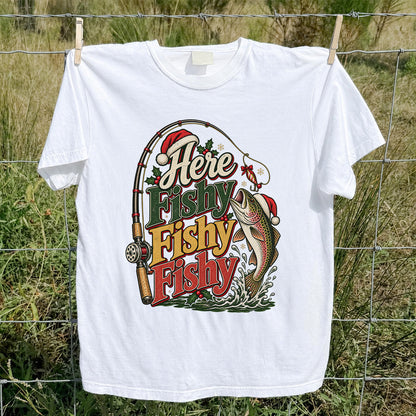 Here Fishy Fishy Fishy Christmas Rainbow Trout Fishing T-Shirt