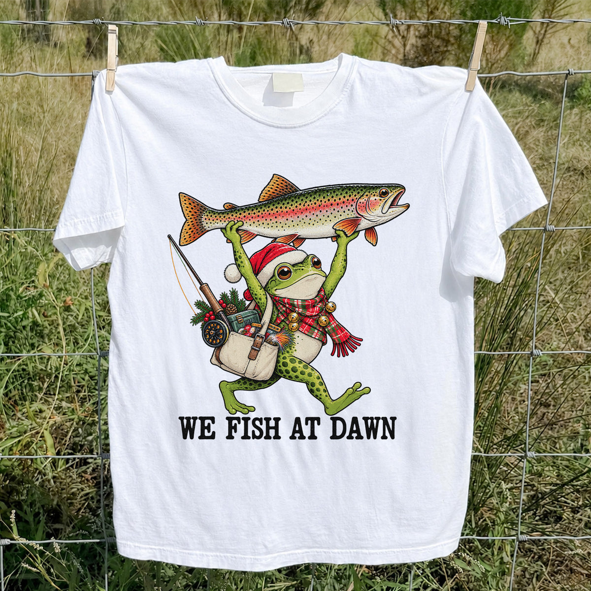 Frog Holding Rainbow Trout Fishing at Dawn Graphic T-Shirt