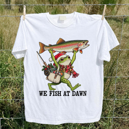 Frog Holding Rainbow Trout Fishing at Dawn Graphic T-Shirt