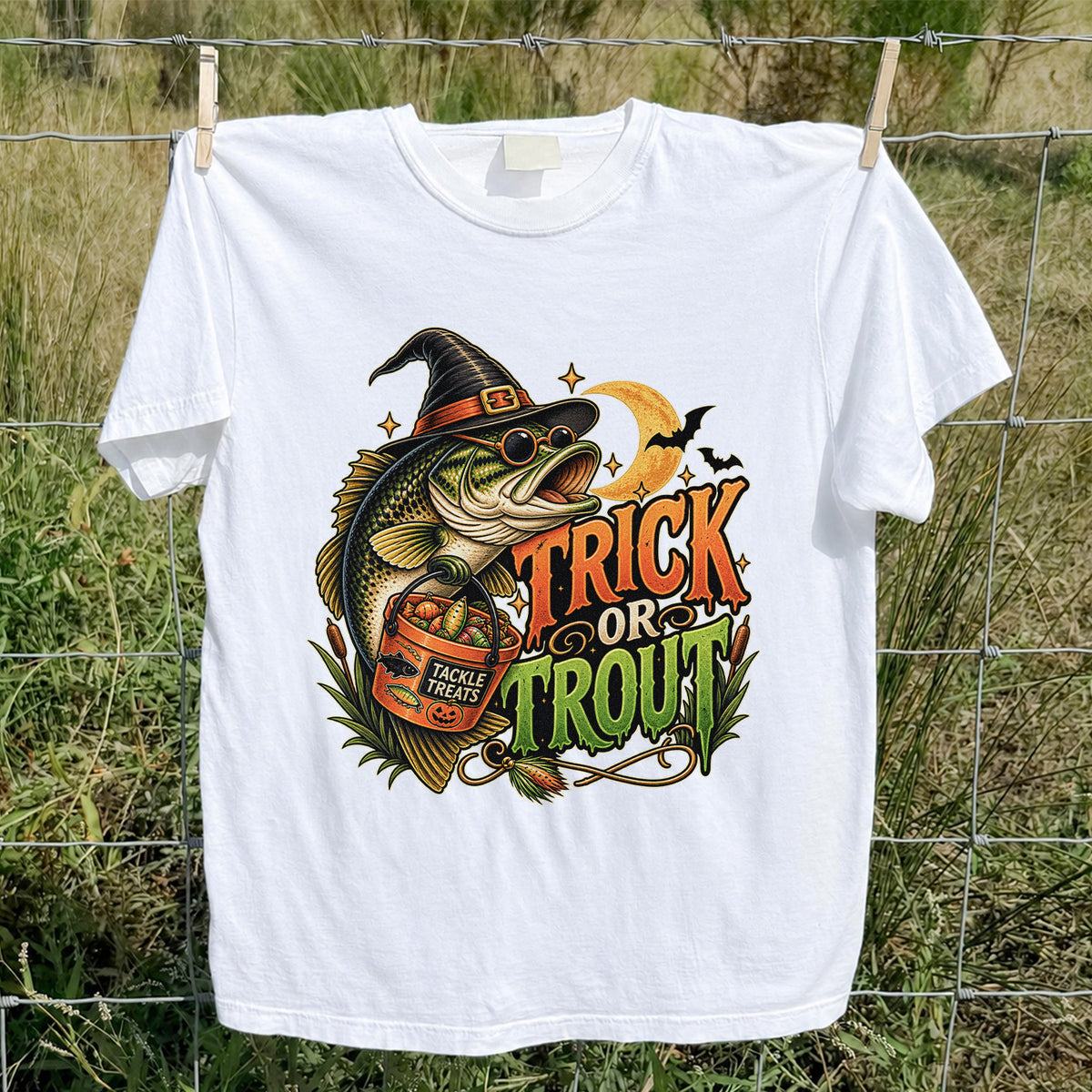 Trick or Trout Bass in Witch Hat with Tackle Treats Halloween Fishing T-Shirt