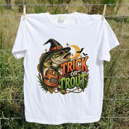 Trick or Trout Bass in Witch Hat with Tackle Treats Halloween Fishing T-Shirt
