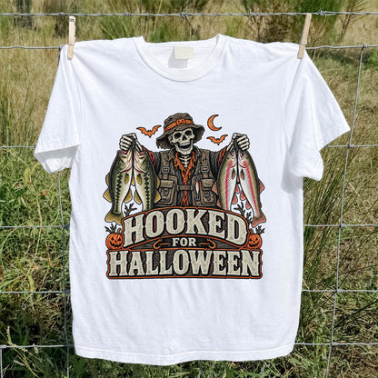 Hooked for Halloween Skeleton Angler with Bass and Trout Fishing T-Shirt