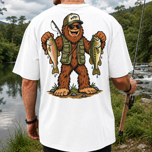 Bigfoot Holding Trout and Bass Fishing Graphic T-Shirt | Back Print