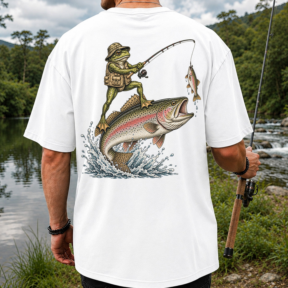 Frog Angler Riding a Rainbow Trout Fishing Graphic T-Shirt | Back Print