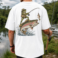 Frog Angler Riding a Rainbow Trout Fishing Graphic T-Shirt | Back Print
