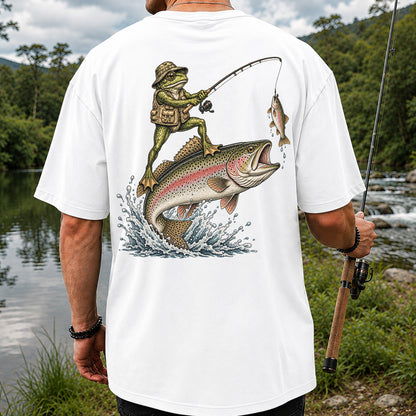 Frog Angler Riding a Rainbow Trout Fishing Graphic T-Shirt | Back Print