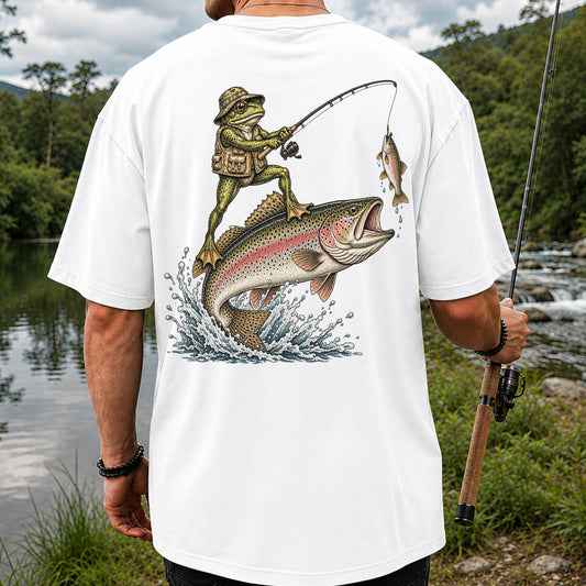 Frog Angler Riding a Rainbow Trout Fishing Graphic T-Shirt | Back Print