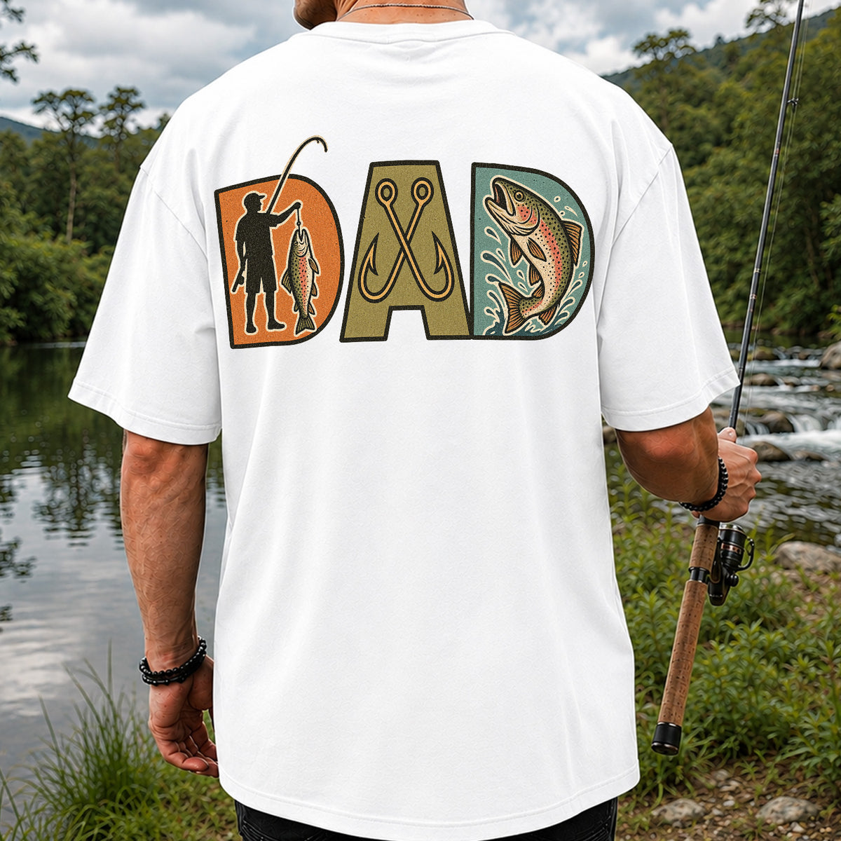 Dad Rainbow Trout and Fishing Hooks Retro Fishing T-Shirt | Back Print