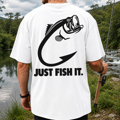 Just Fish It Bass and Fishing Hook Graphic T-Shirt | Back Print